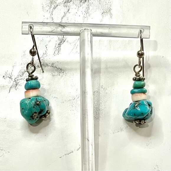 Boho Raw Stacked Turquoise Drop Earrings - Picture 4 of 8